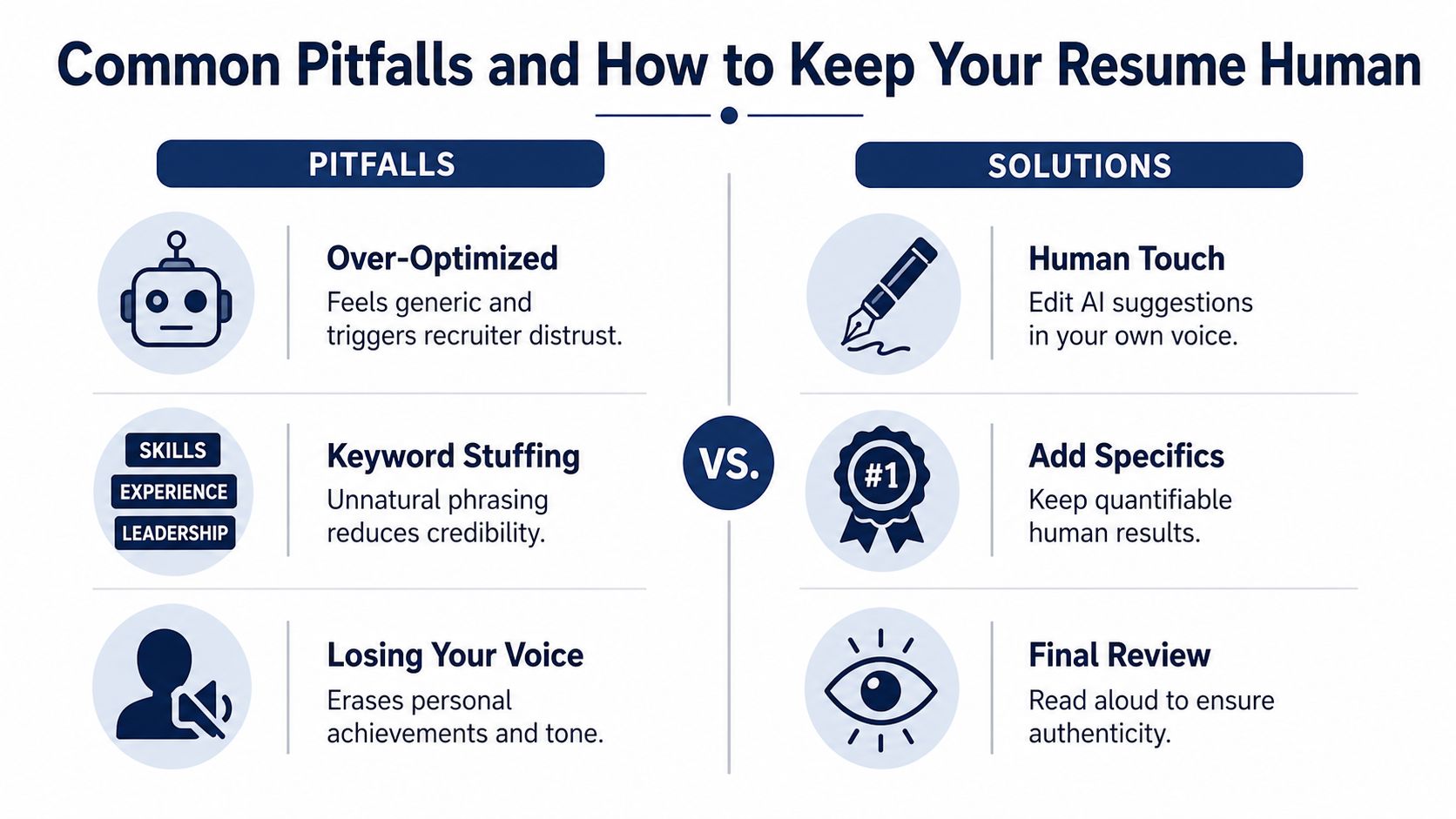 A comparison chart showing common resume writing pitfalls versus solutions for maintaining a human, authentic tone.