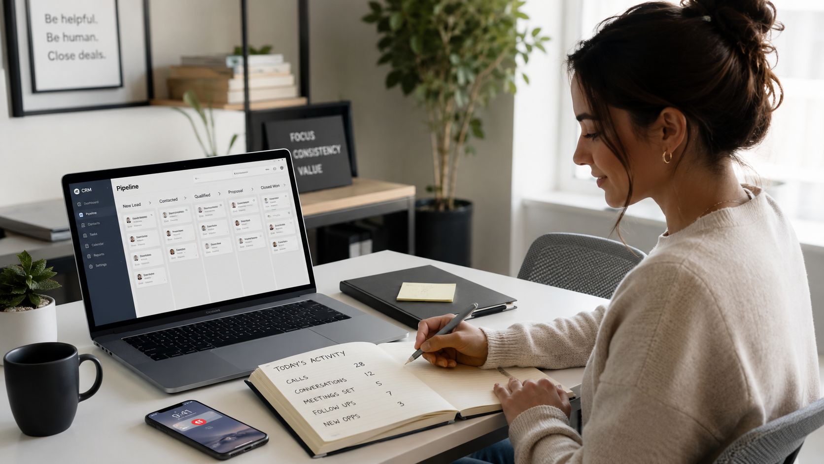 A woman working at a desk with a laptop showing a CRM pipeline and a handwritten activity list.