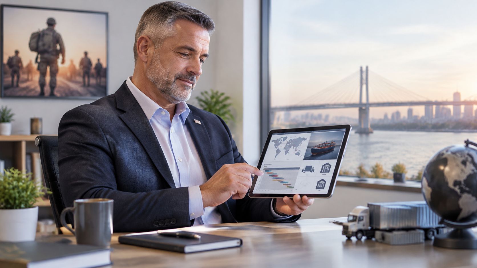 A professional man in a suit discussing logistics and supply chain data on a tablet in his office.