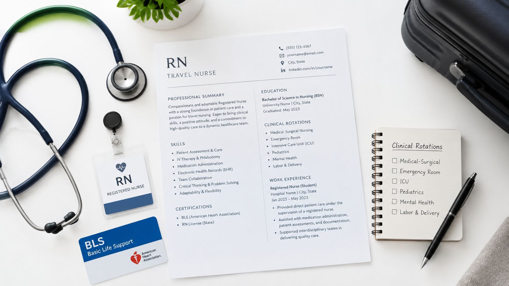 A professional travel nurse resume laid on a desk surrounded by a stethoscope, badge, and medical supplies.