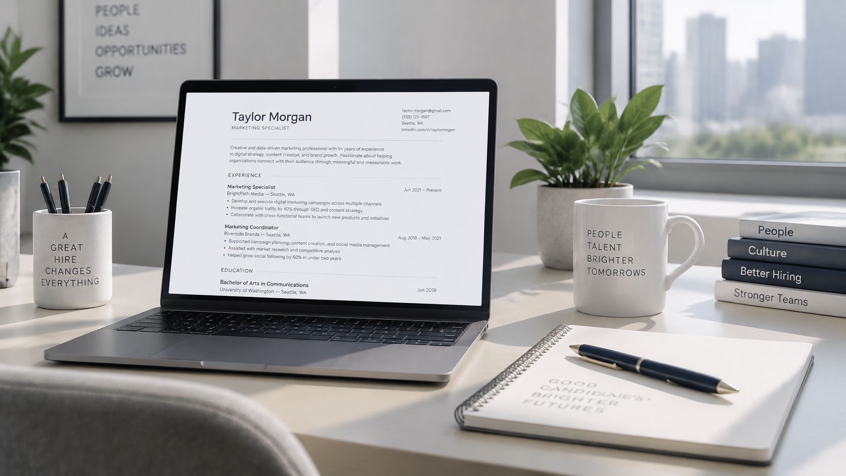 A modern home office setup featuring a laptop displaying a professional marketing specialist resume on the screen.