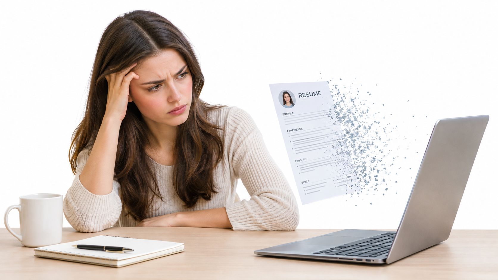 A stressed job seeker looking at a digital resume that is disintegrating in front of her laptop.