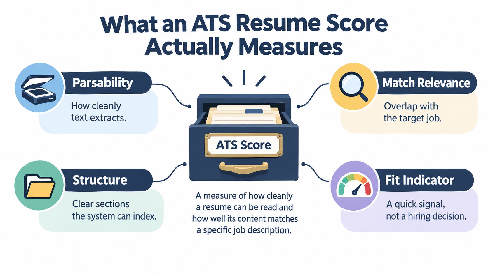 An infographic titled What an ATS Resume Score Actually Measures, explaining its key components for job seekers.