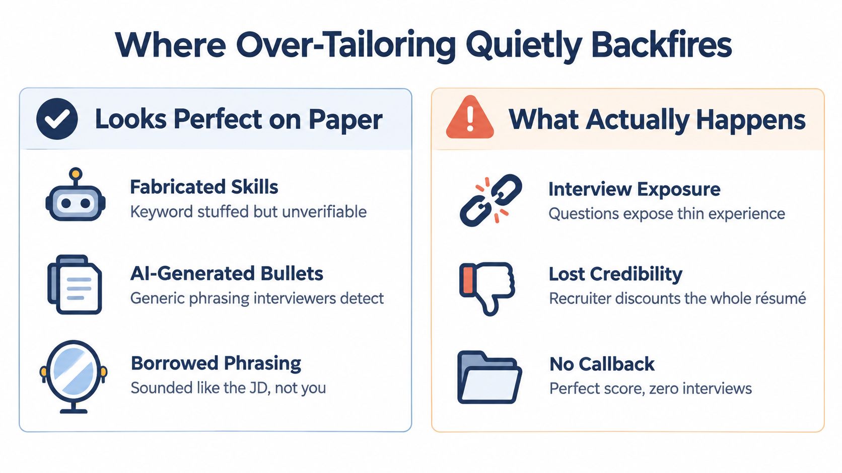A comparison chart showing how over-tailoring a resume leads to failed interviews and loss of credibility.