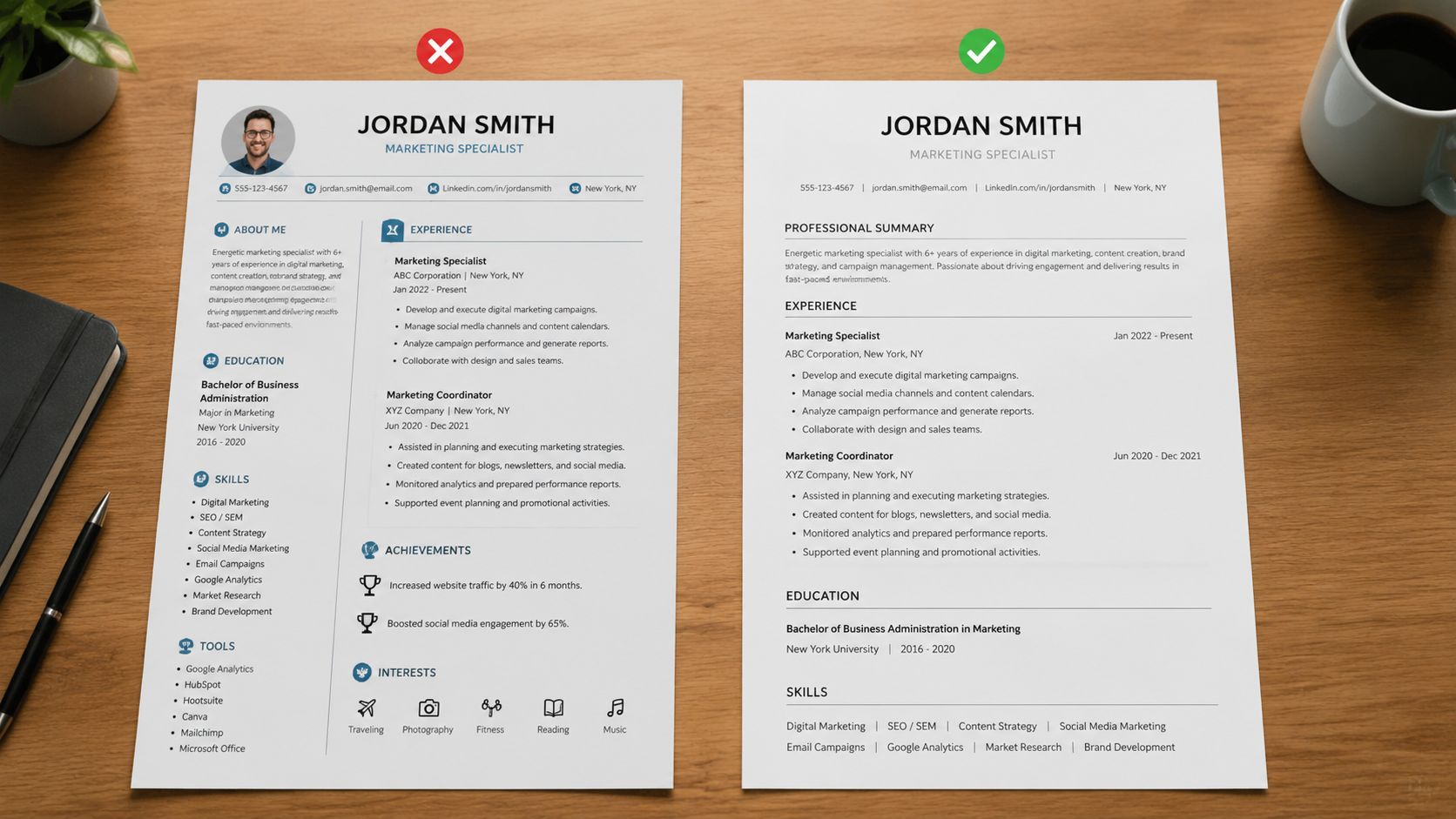 A side-by-side comparison of a two-column resume format versus a professional single-column ATS-friendly resume layout.