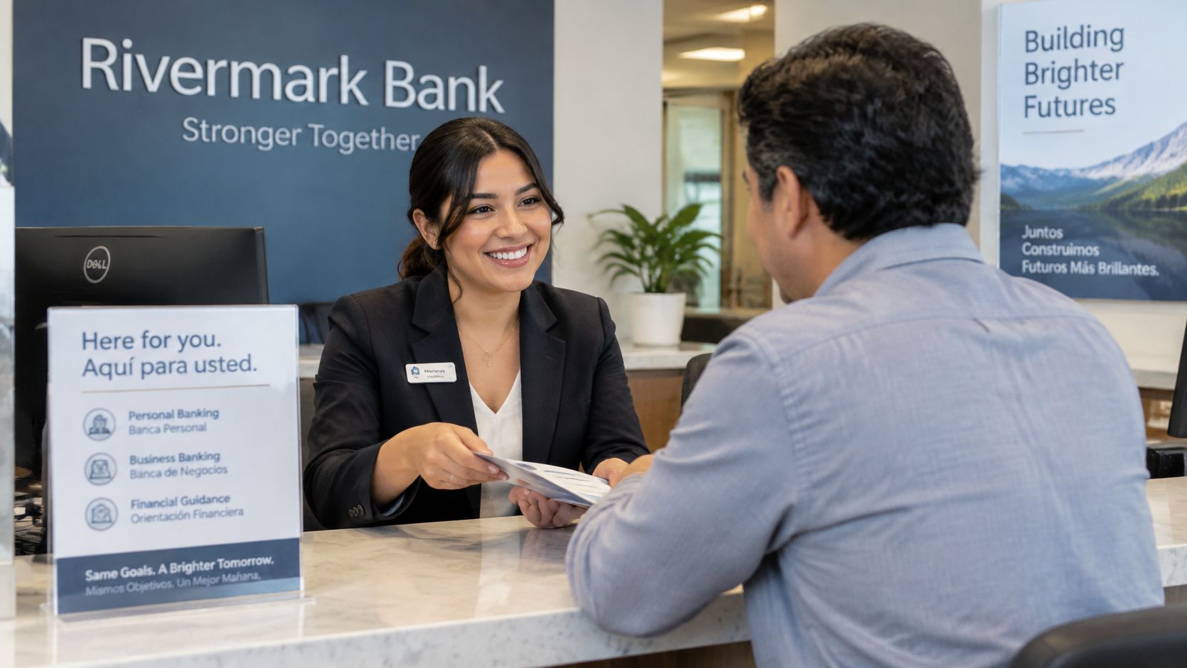 A friendly bank teller assisting a client at the counter of a professional Rivermark Bank branch office.