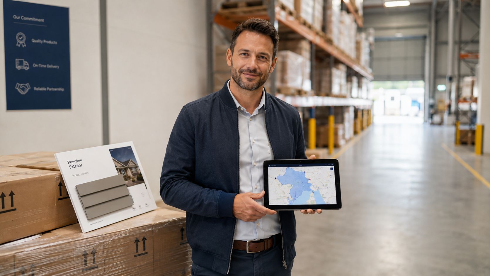 A professional sales representative holding a tablet in a warehouse while showcasing a service area map.