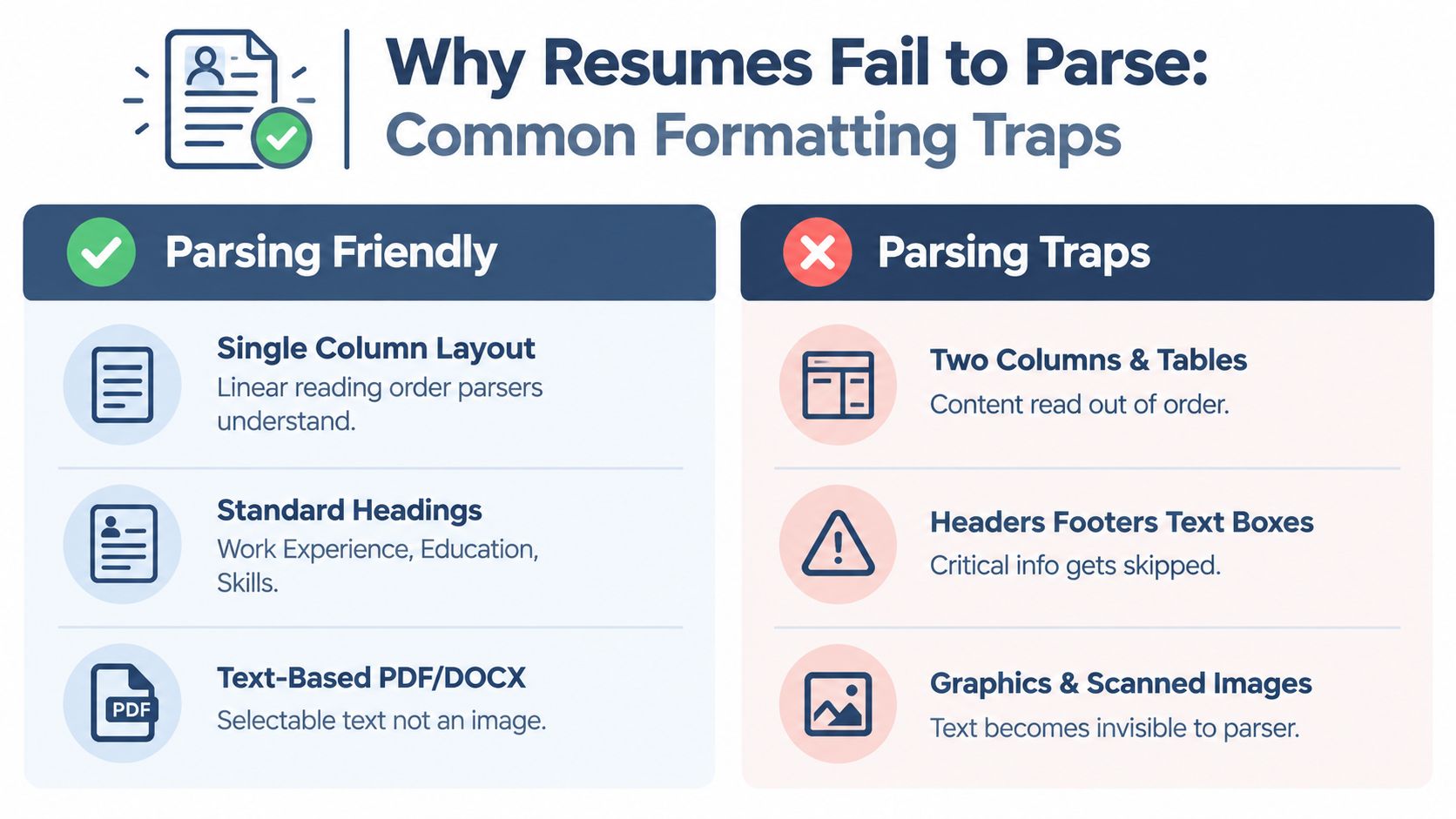 An infographic comparing resume formatting practices that are friendly to parsing systems versus common parsing traps.