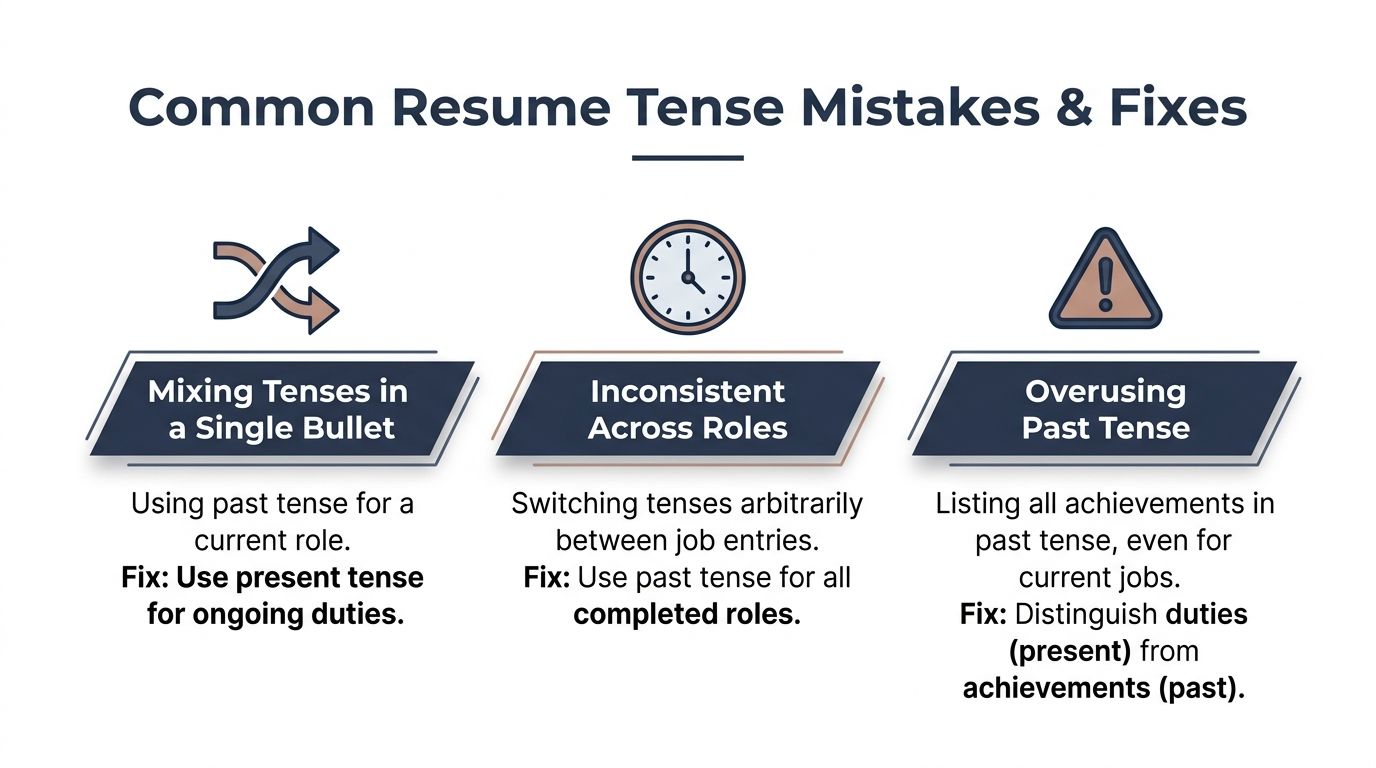 An infographic showing common resume tense mistakes and how to fix them for better professional results.