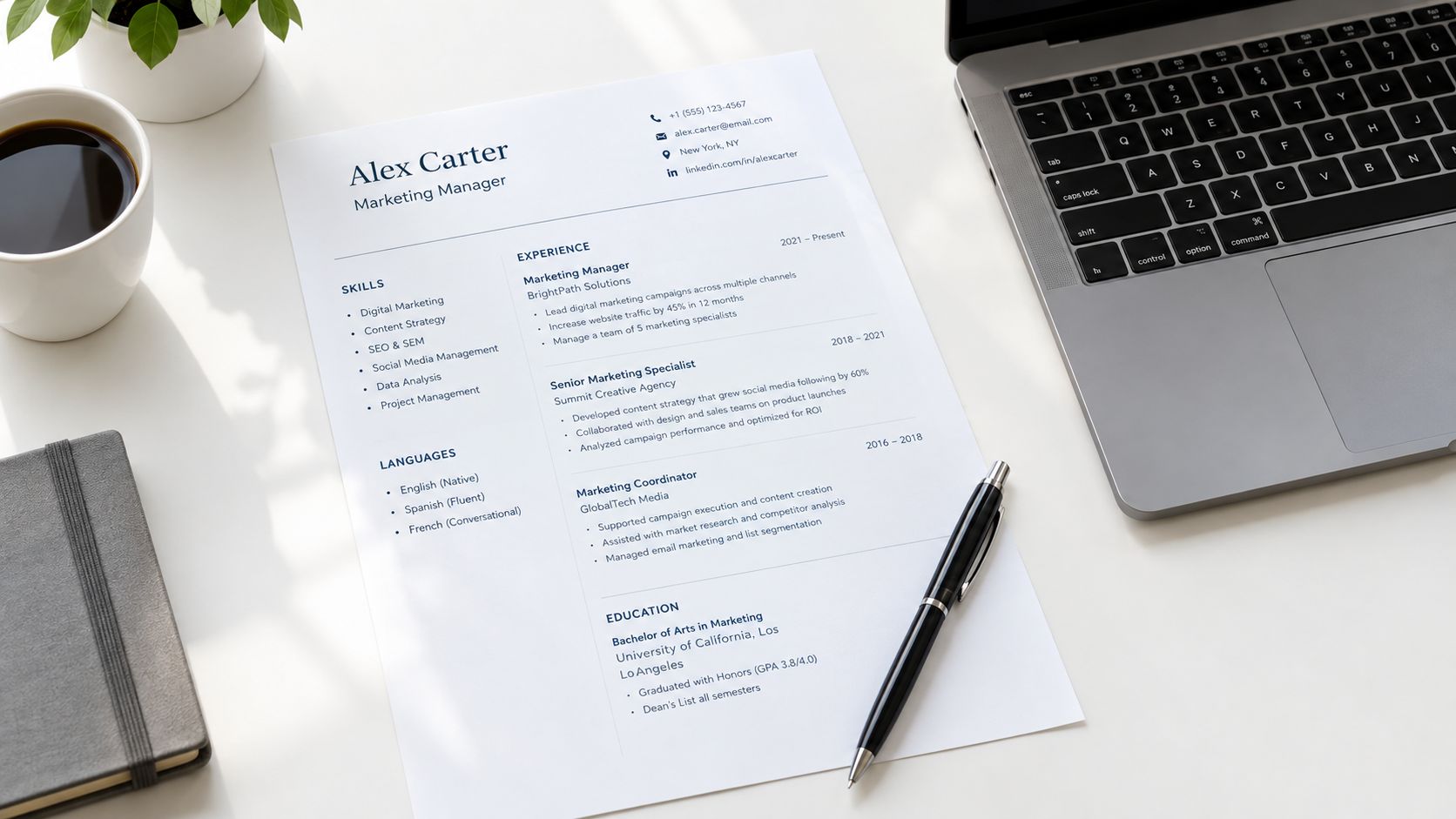 A professional resume for a marketing manager resting on a desk next to a laptop and coffee.