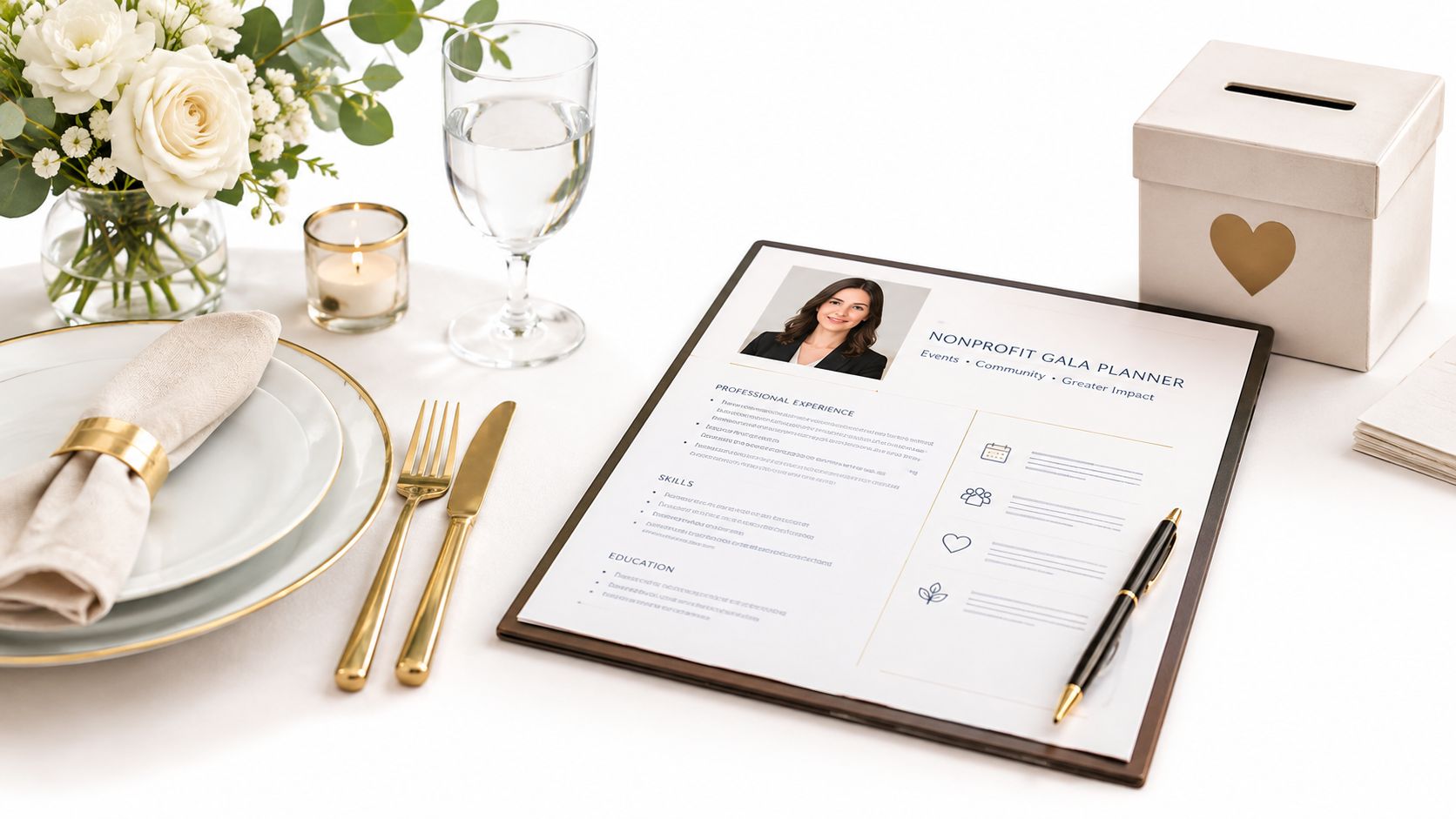 A professional resume for a gala planner displayed on a table with elegant place settings and decor.