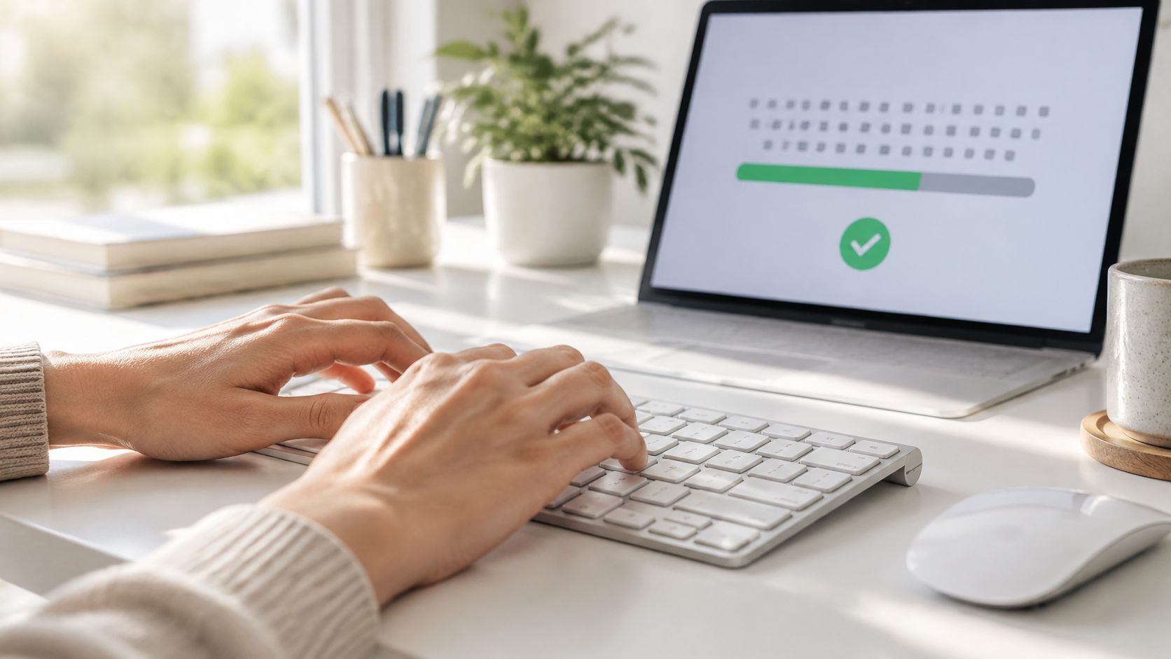 A person typing on a computer keyboard with a loading progress bar visible on the screen.