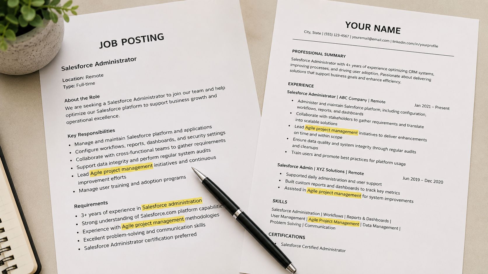 A professional desk workspace showing a Salesforce Administrator job posting next to a matching applicant resume.