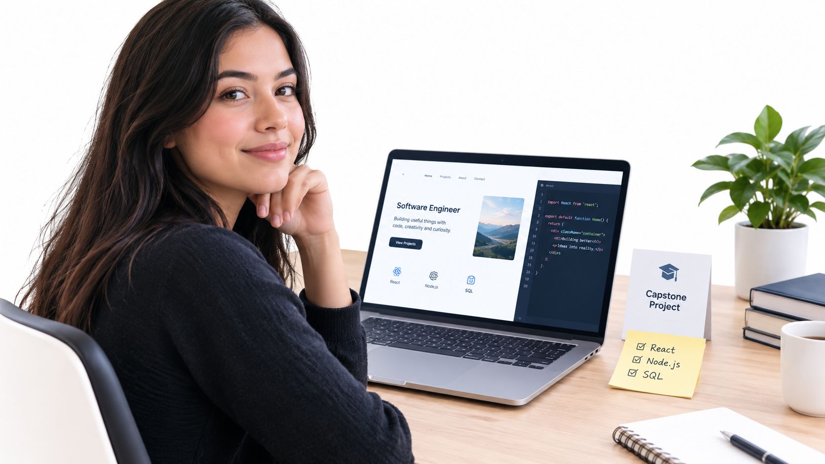 A professional software engineer smiling while working on her laptop at a desk with project notes.