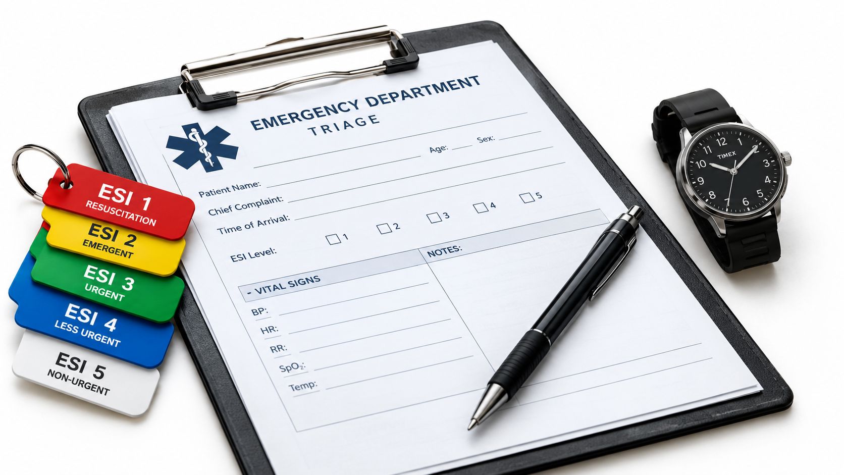 A clipboard with emergency department triage paperwork, a pen, a wristwatch, and ESI level medical identification tags.