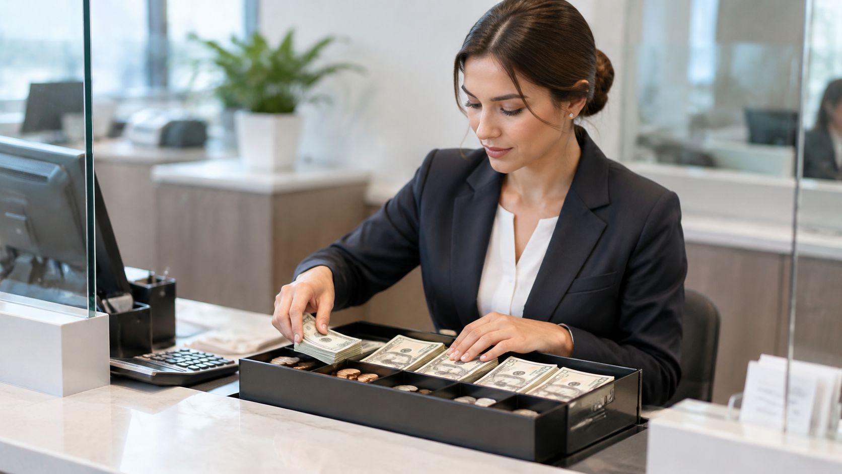 A professional bank teller in a business suit counts currency in a drawer behind a glass divider.