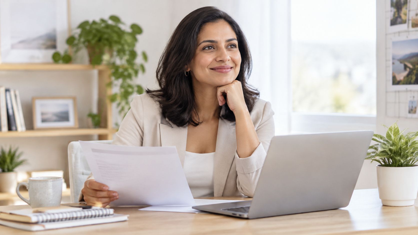 A professional woman sitting at her desk, smiling thoughtfully while holding a document near her laptop.