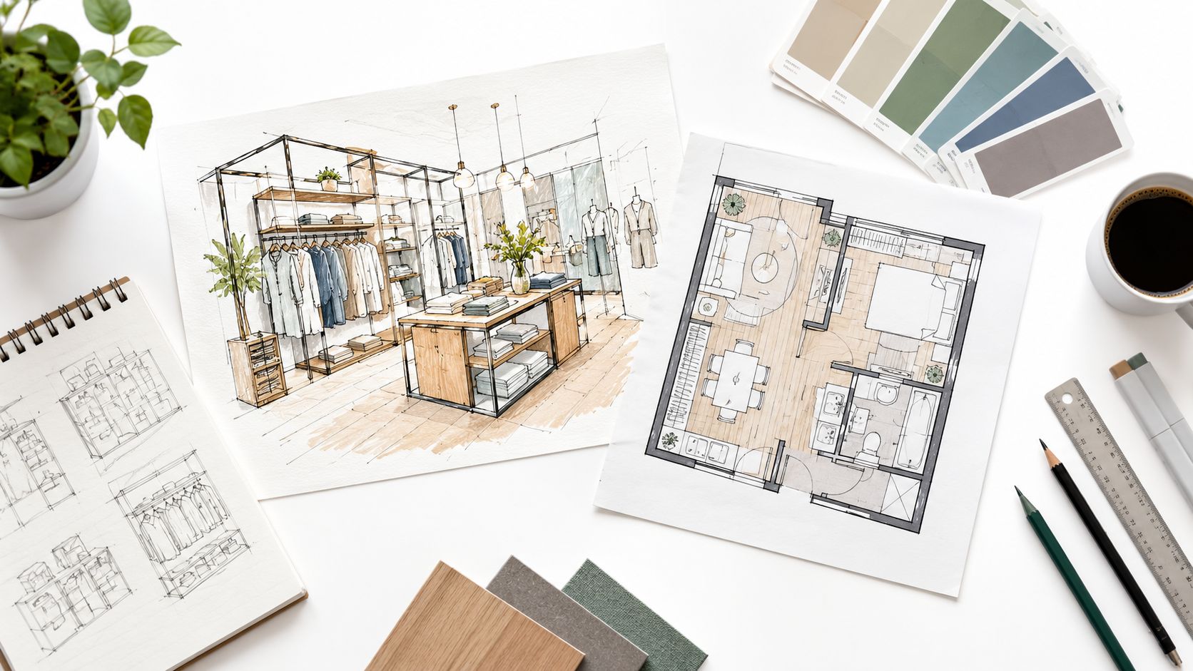 Architectural drawings and sketches of clothing store interiors and apartment layouts spread across a desk.