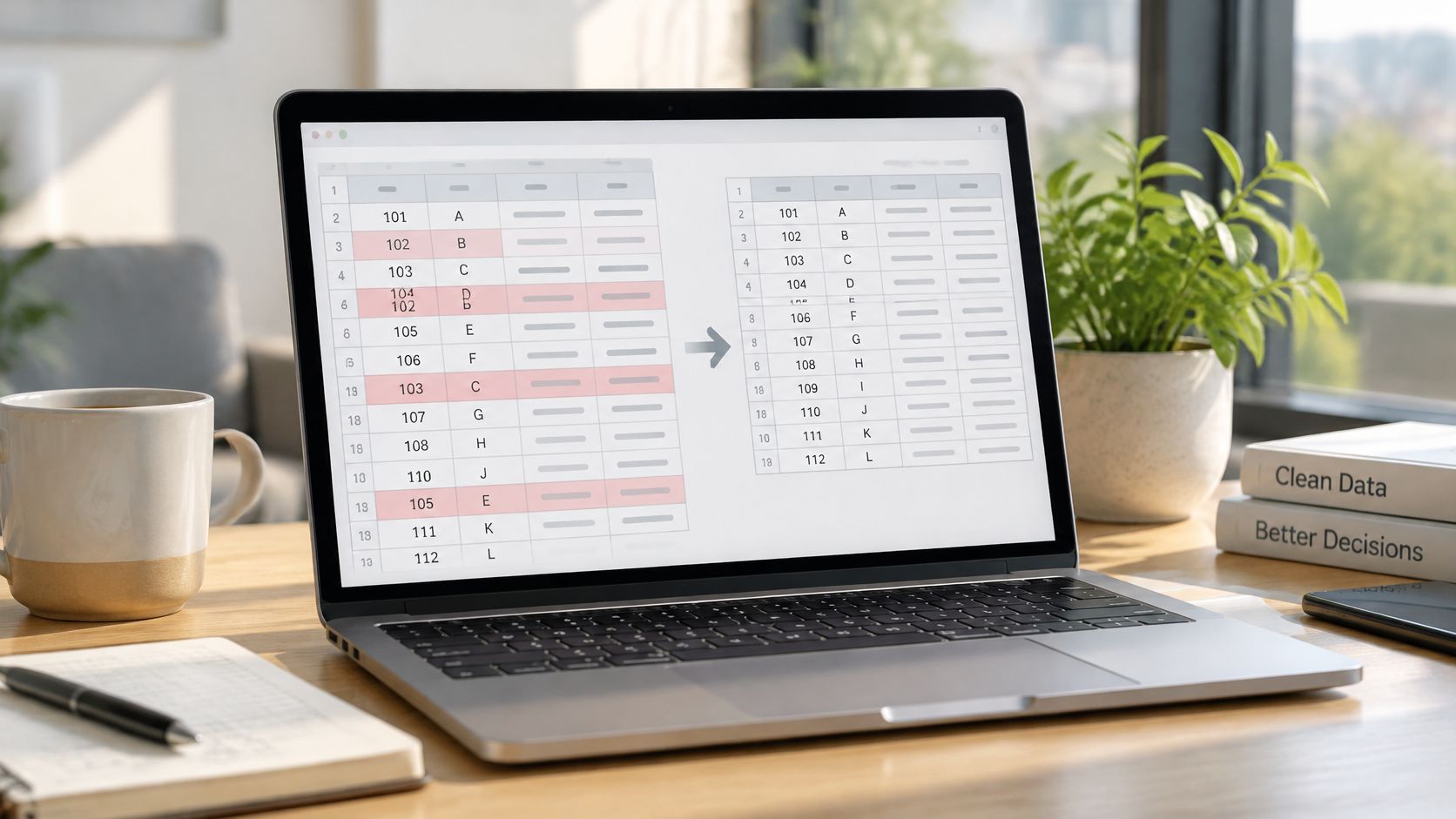 A laptop screen displaying a data table being cleaned and organized, showing raw data versus processed information.