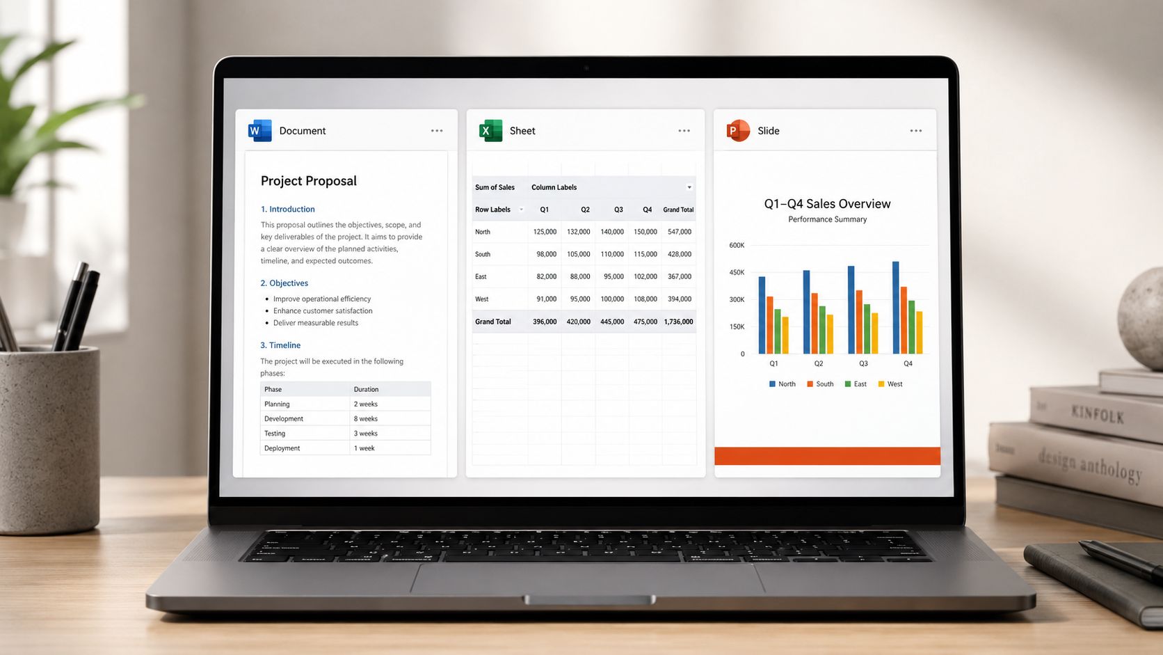 A laptop screen displaying a project proposal document, a sales data spreadsheet, and a performance chart presentation.