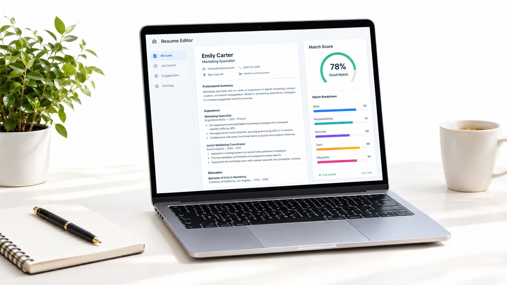 A modern laptop on a desk showing an online resume editor displaying a 78 percent match score.