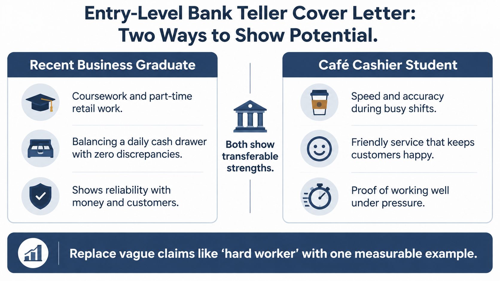 An infographic comparing two entry-level bank teller cover letter examples to demonstrate how to show potential.