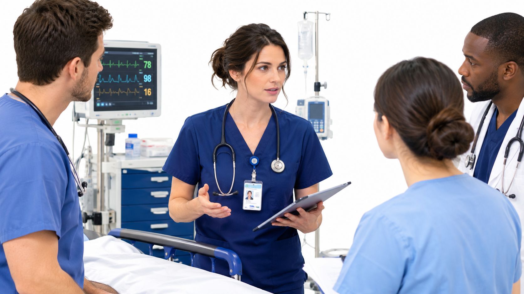 A team of diverse medical professionals consulting in a hospital room while reviewing patient data on tablets.