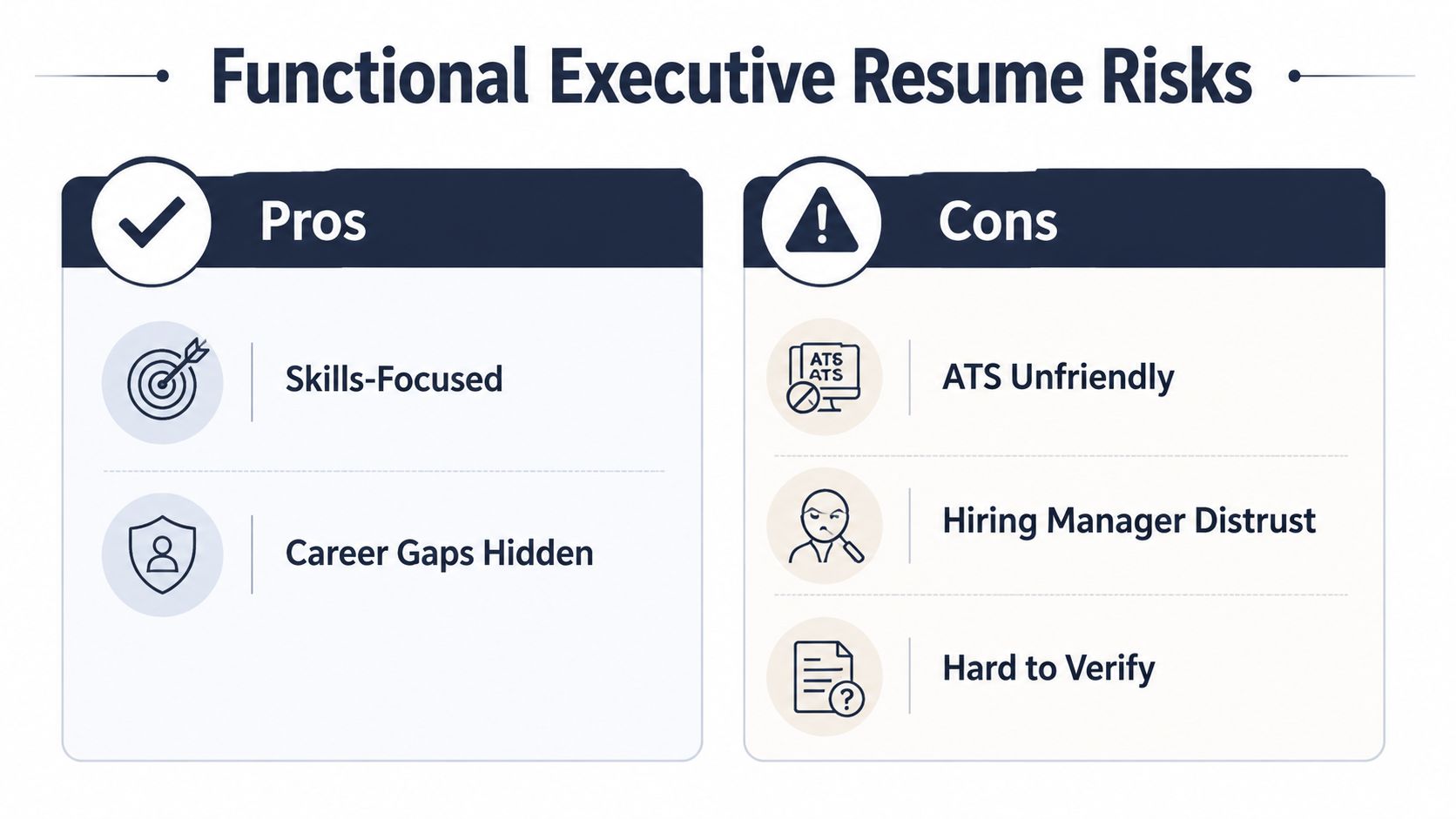 A comparison chart showing the advantages and disadvantages of using a functional executive resume format.