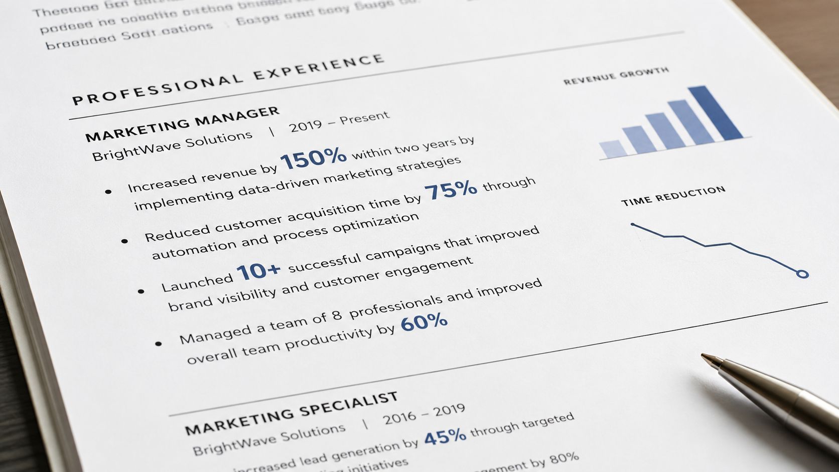 A printed resume showing professional experience and performance metrics next to a silver pen on a desk.