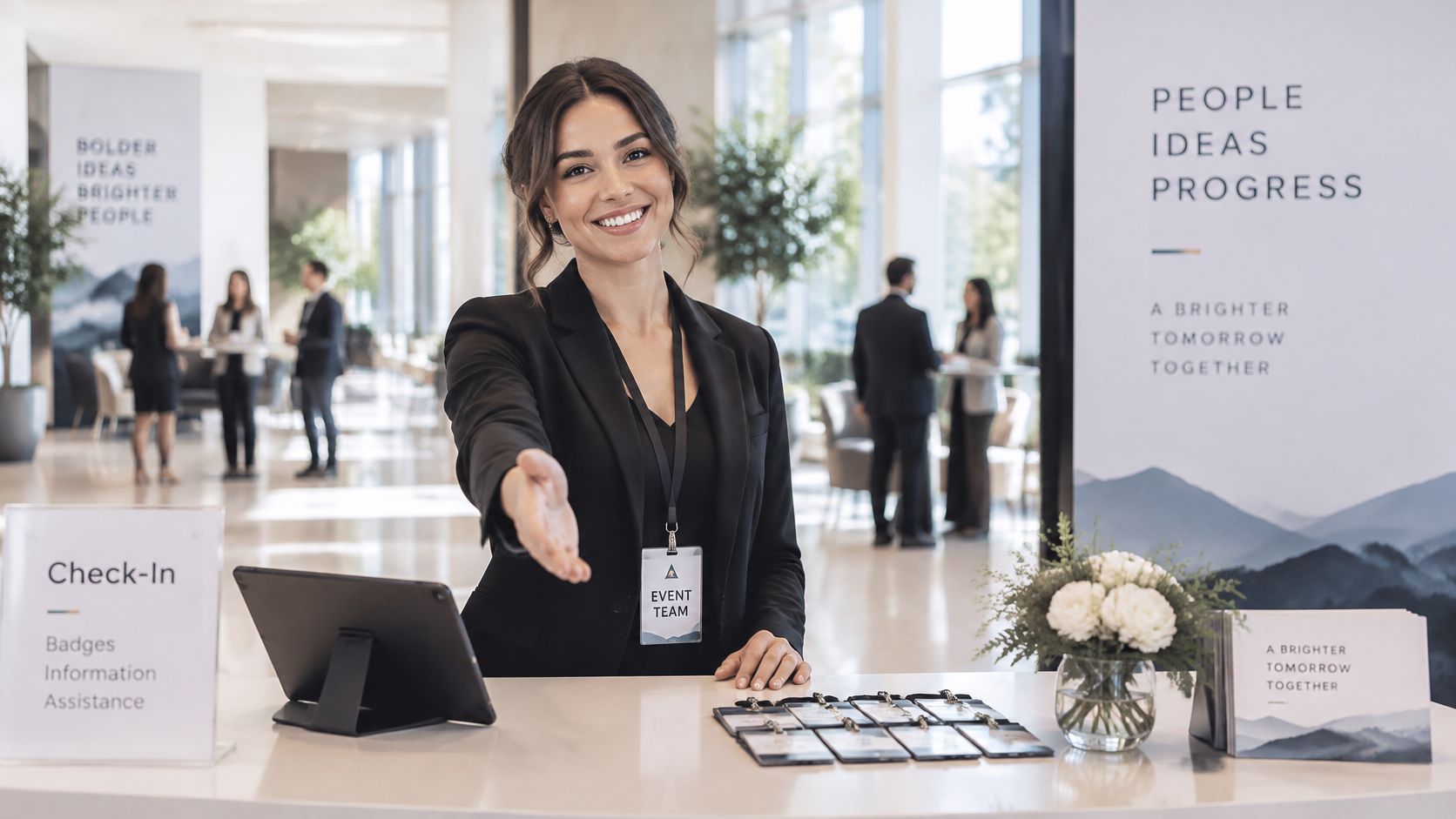 A friendly event hostess in a professional suit offering a welcoming handshake at a corporate check-in desk.