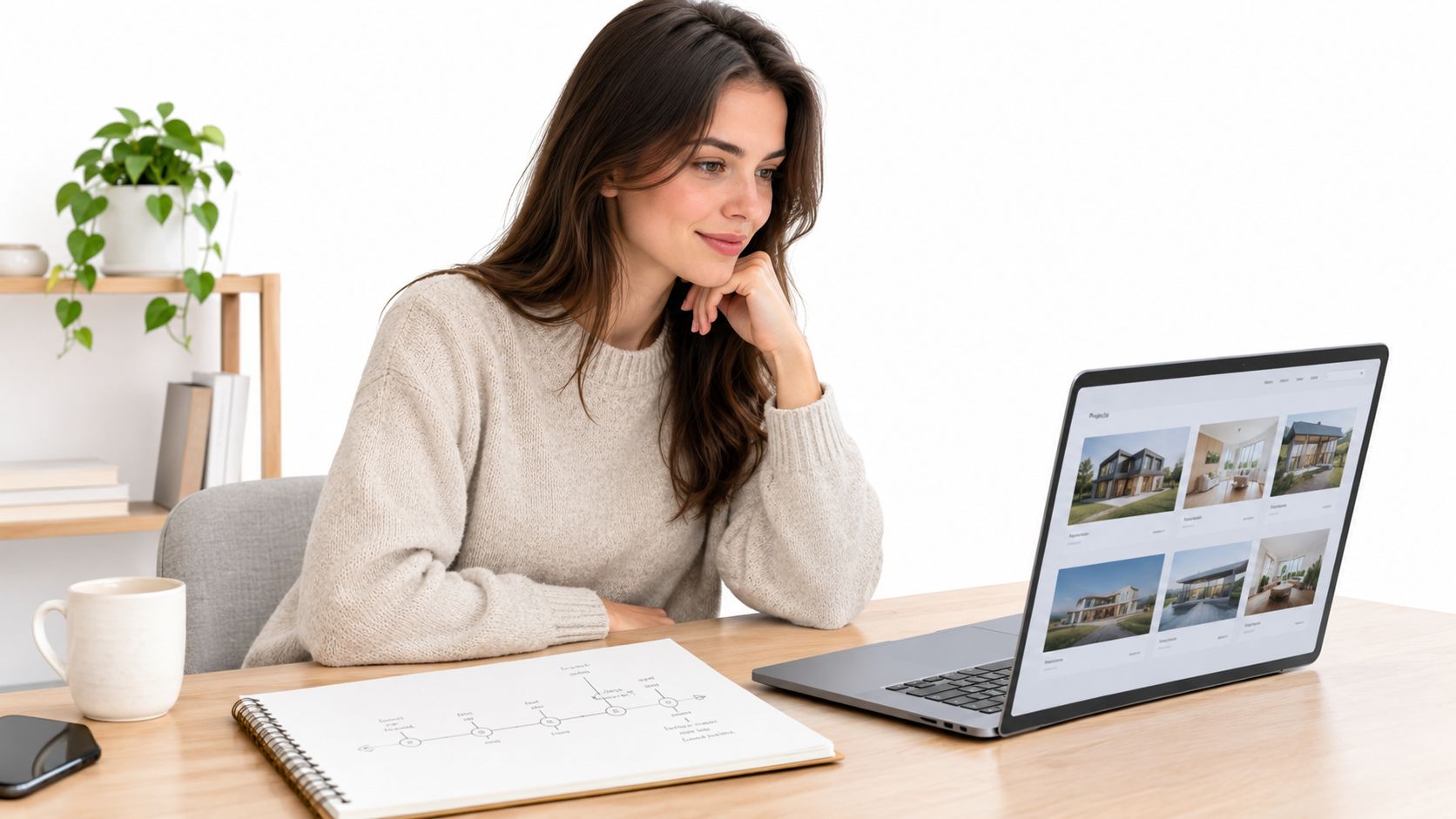 A woman working on a laptop at a wooden desk with a notebook and a plant nearby.