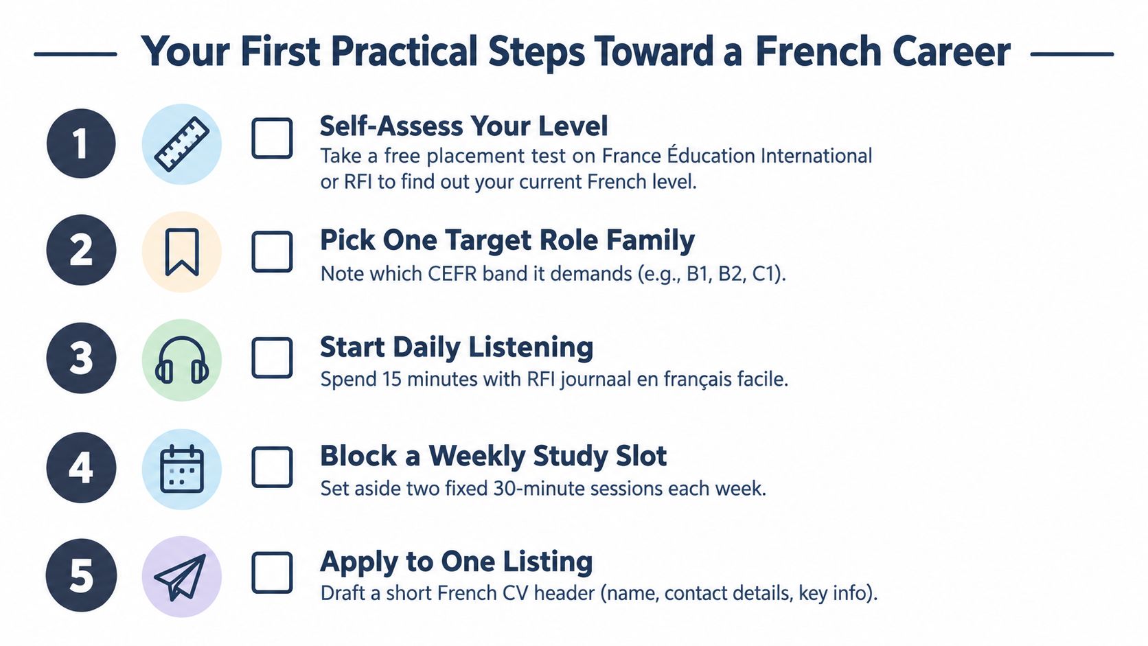 An infographic showing five practical steps for starting a professional career requiring French language proficiency skills.