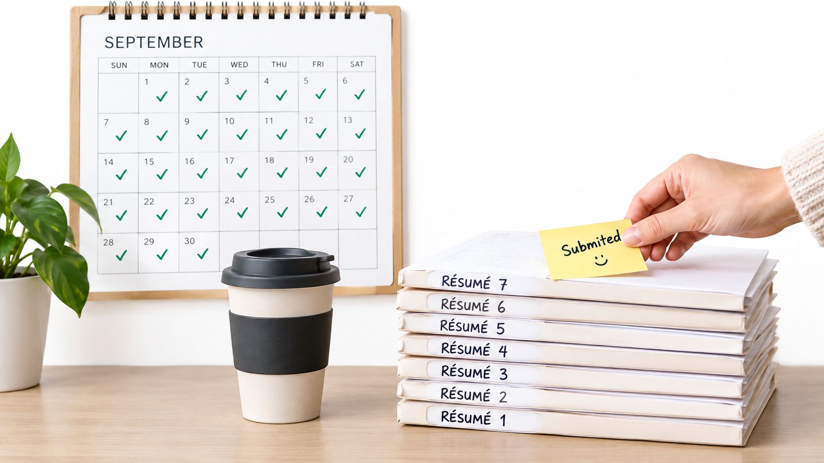 A hand placing a sticky note on a stack of organized resumes next to a checked calendar.