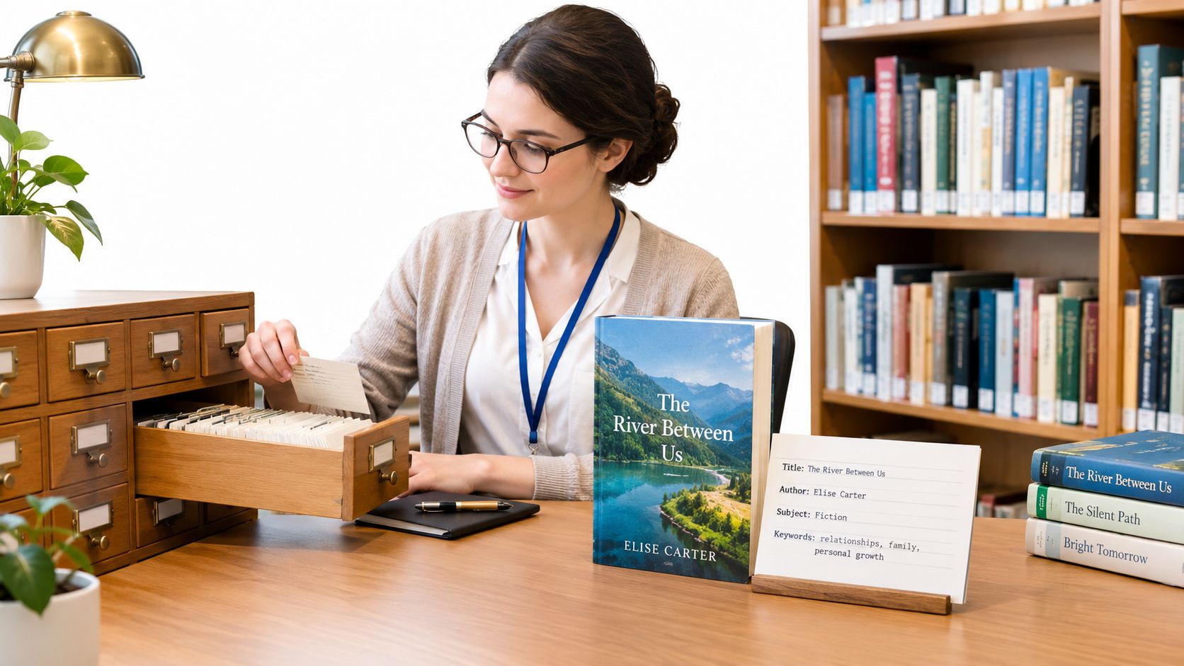 A professional librarian organizing catalog cards at a wooden desk with books in a library.