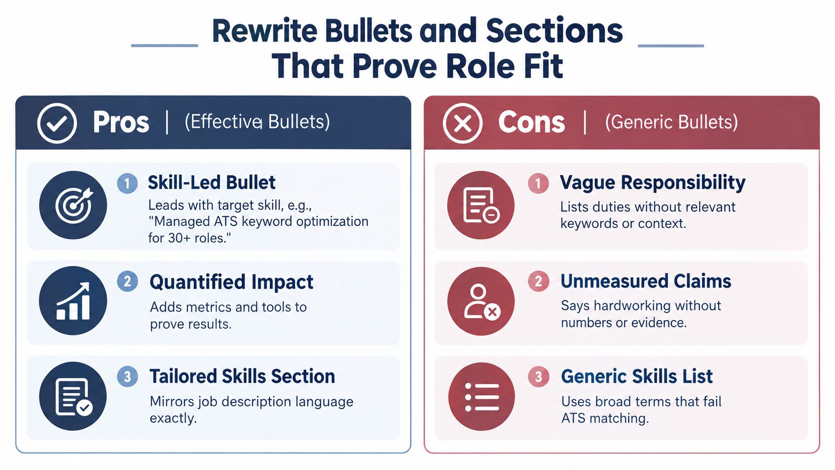 A comparison chart showing how to write effective resume bullet points versus generic resume mistakes.