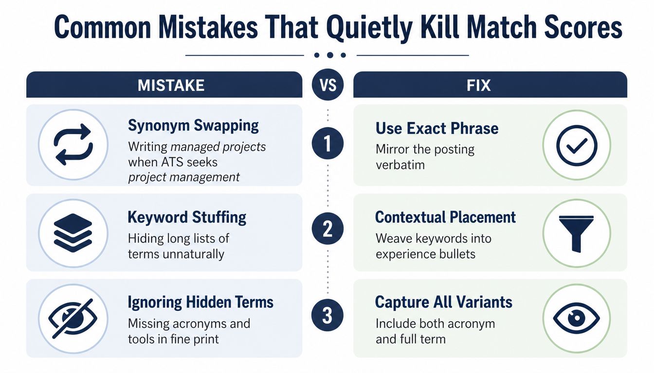 A graphic showing three common resume mistakes and their corresponding fixes to improve ATS match scores.
