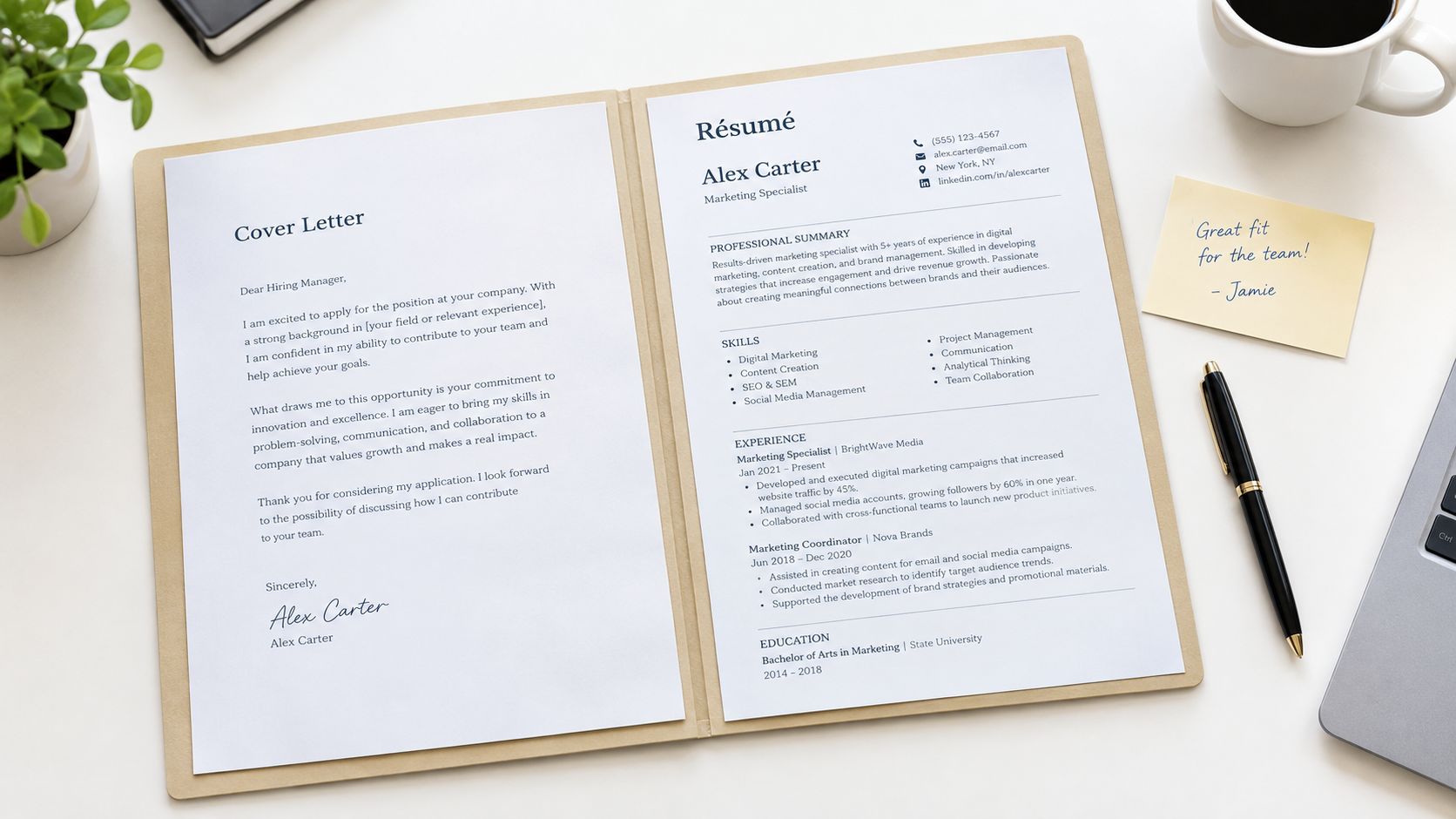 A professional resume and cover letter placed on a desk with a pen and coffee cup.