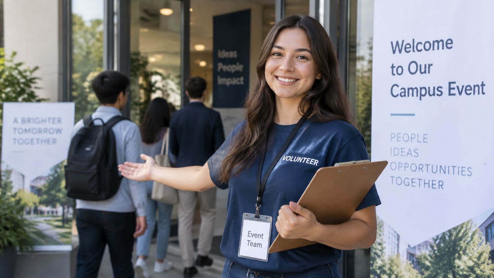 A friendly volunteer smiling and gesturing towards the entrance of a college campus event for attendees.
