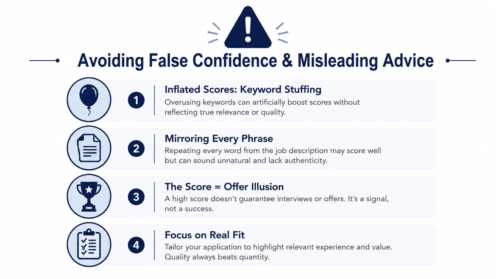 An infographic detailing how to avoid false confidence and misleading advice when checking your resume ATS score.