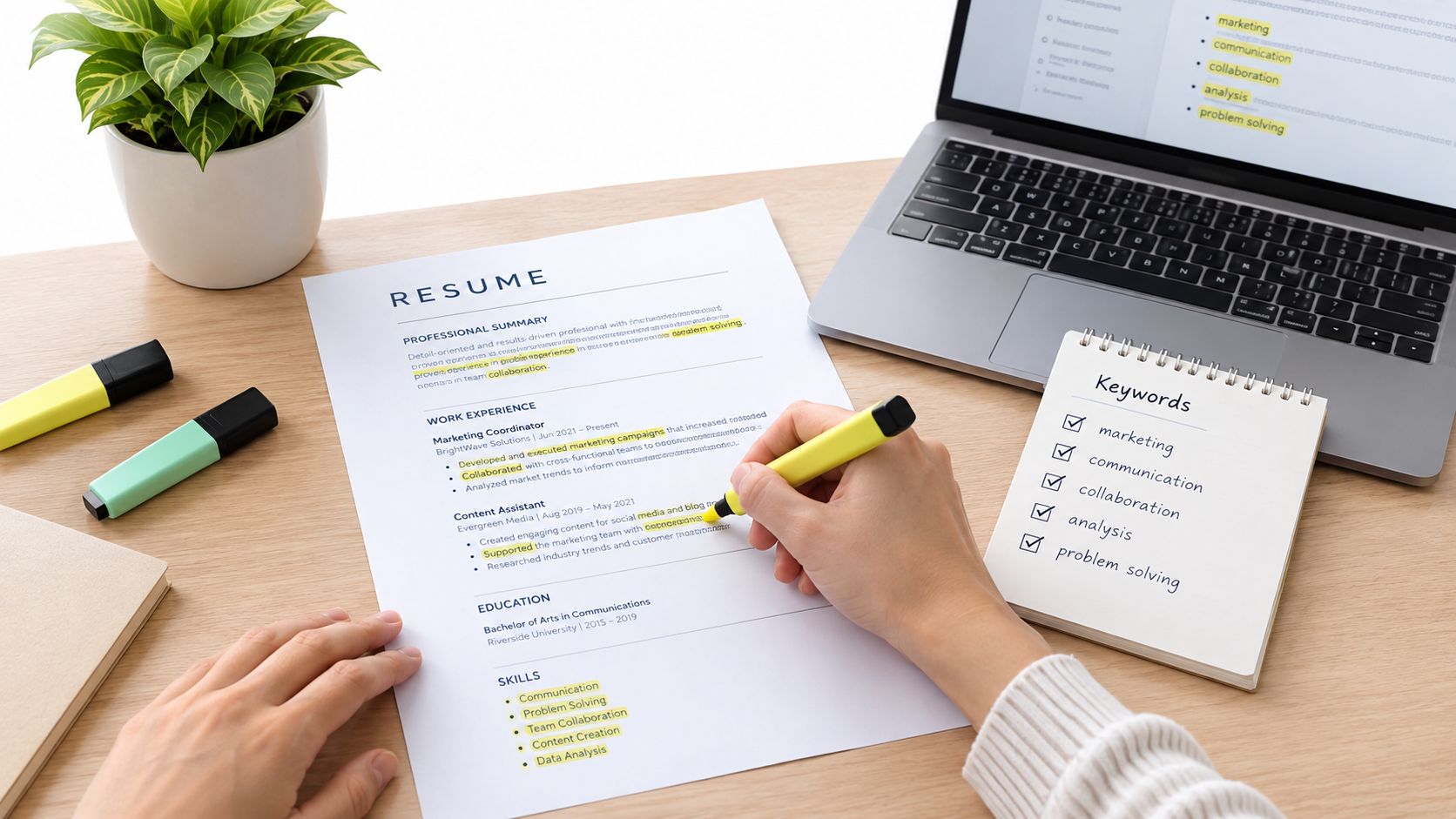A person highlighting key skills on a resume with a yellow marker at a professional desk.