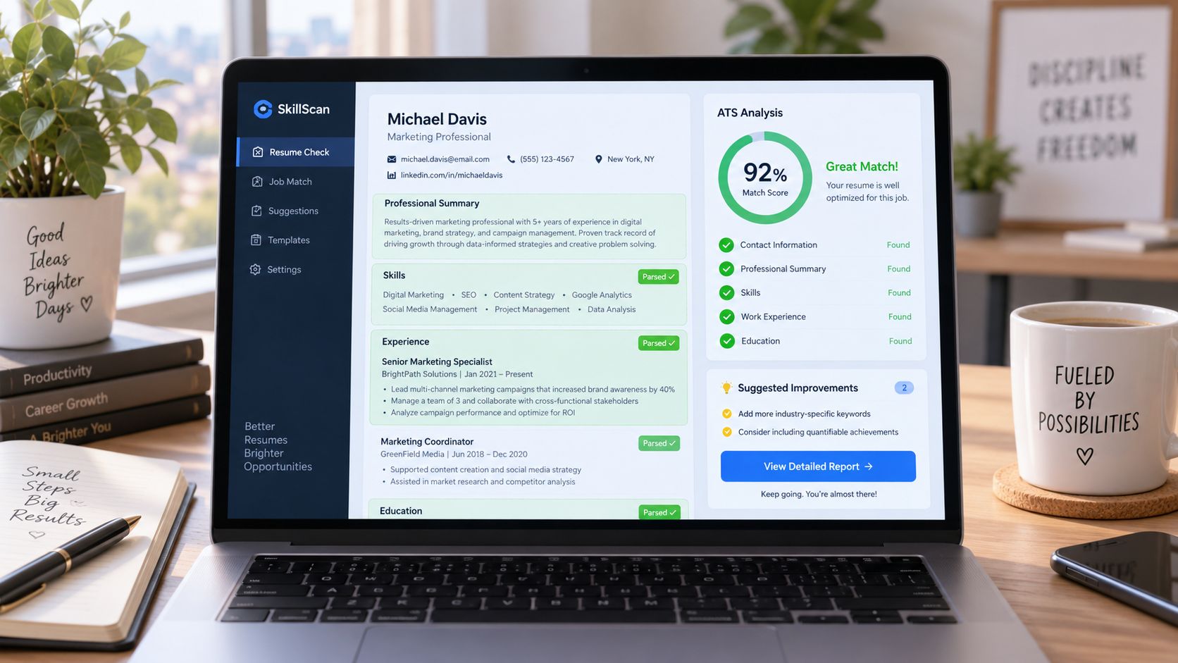 Laptop screen displaying a SkillScan resume analysis dashboard showing a 92% match score for a professional resume.