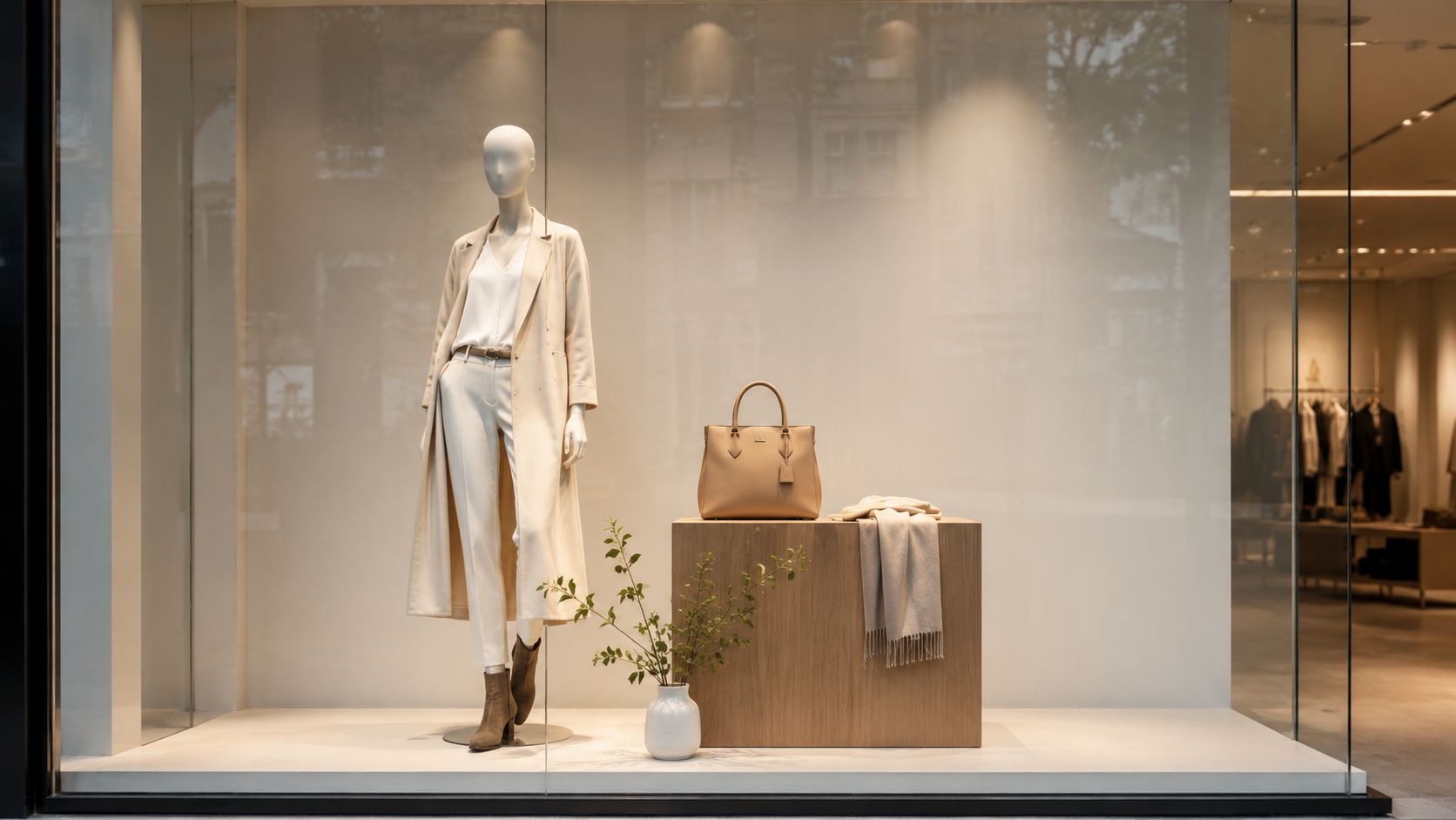 A minimalist mannequin wearing a beige trench coat and trousers stands in a modern luxury store window display.