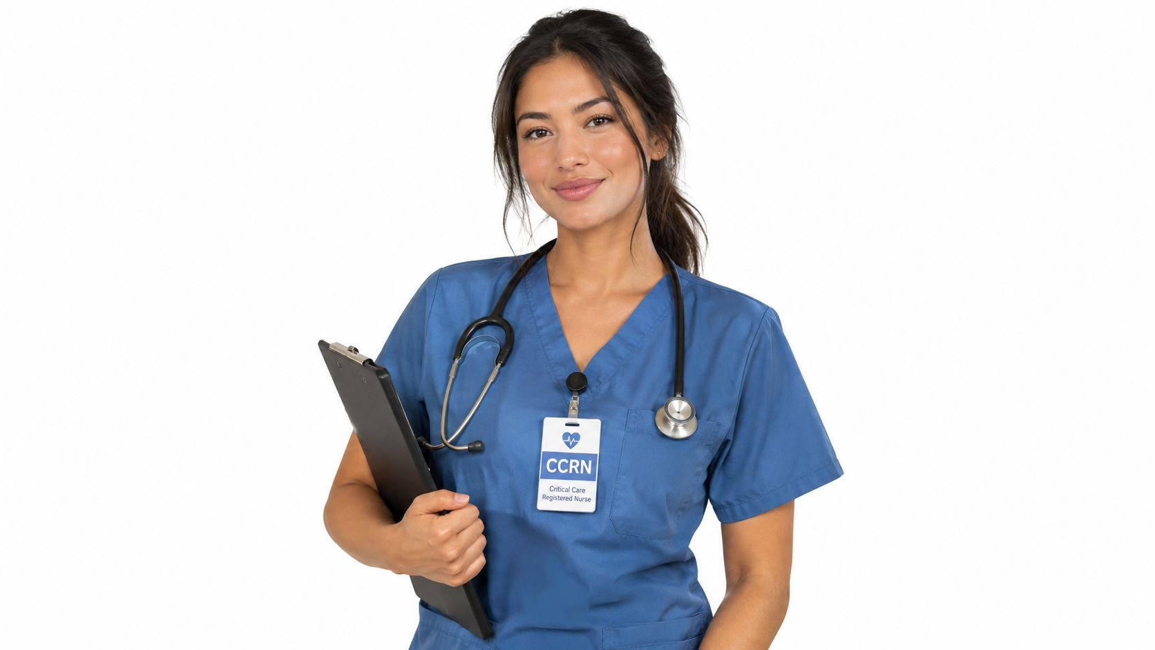 A smiling young nurse wearing blue scrubs with a stethoscope and a CCRN ID badge holding a clipboard.
