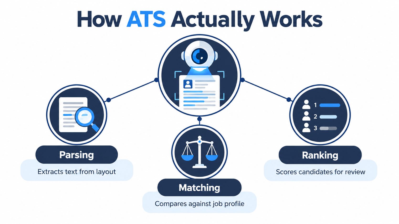 A diagram illustrating how an Applicant Tracking System works through parsing, matching, and ranking candidate resumes.