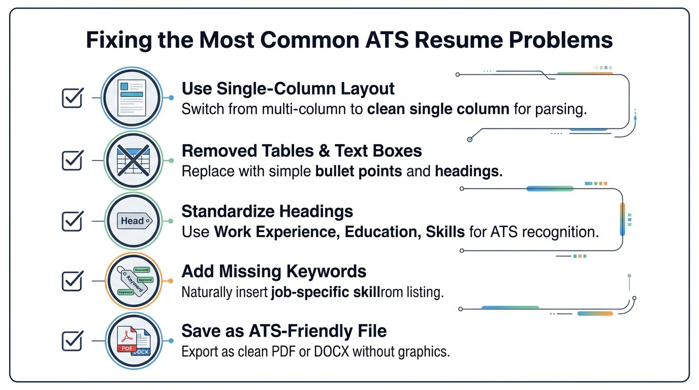 A checklist infographic titled Fixing the Common ATS Resume Problems, illustrating tips for optimizing resumes for software.