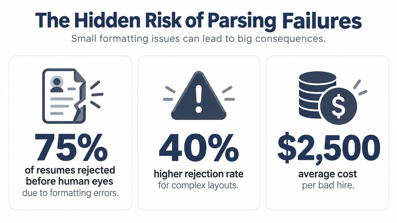 An infographic showing that 75 percent of resumes are rejected automatically due to formatting errors.