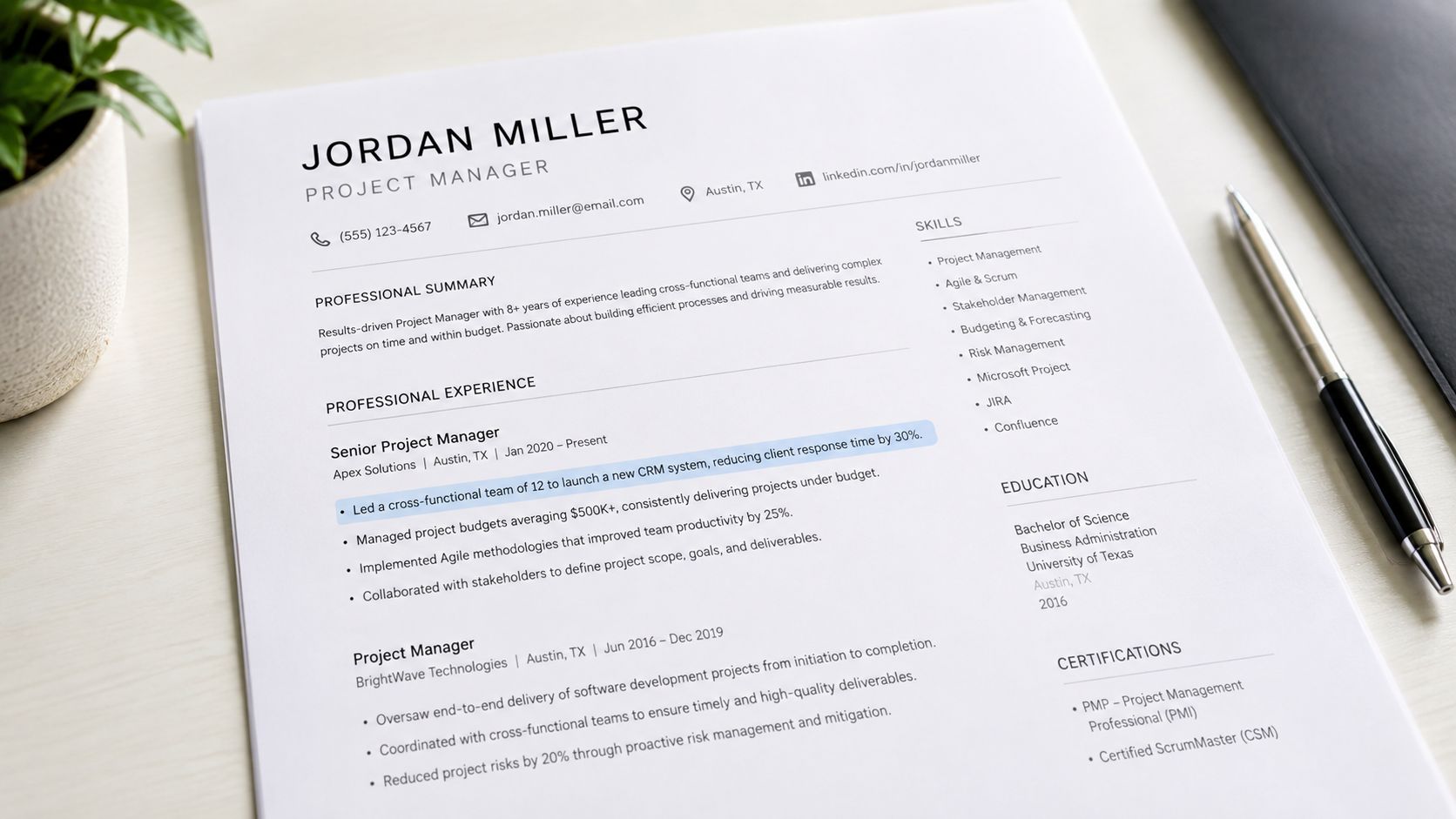 A professional resume template for a project manager named Jordan Miller displayed on a clean desk.