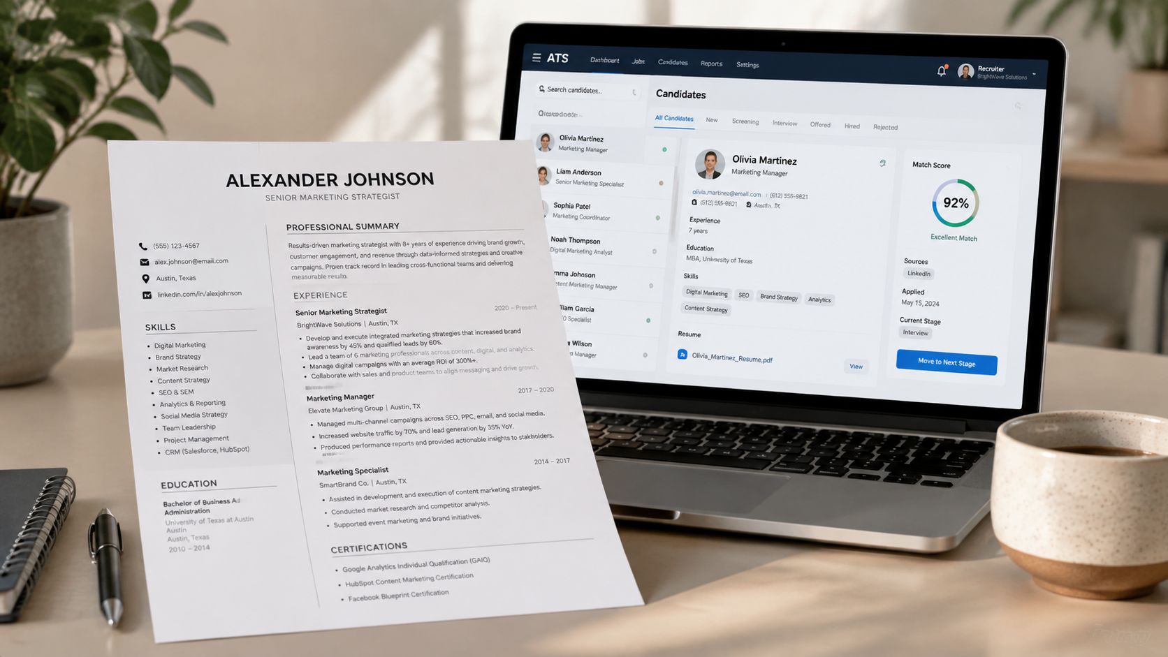 A professional resume next to a laptop displaying an applicant tracking system software interface for recruiters.