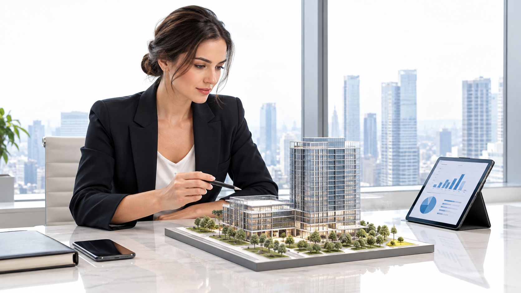 A professional real estate agent analyzing a miniature model of a modern high-rise building in an office.