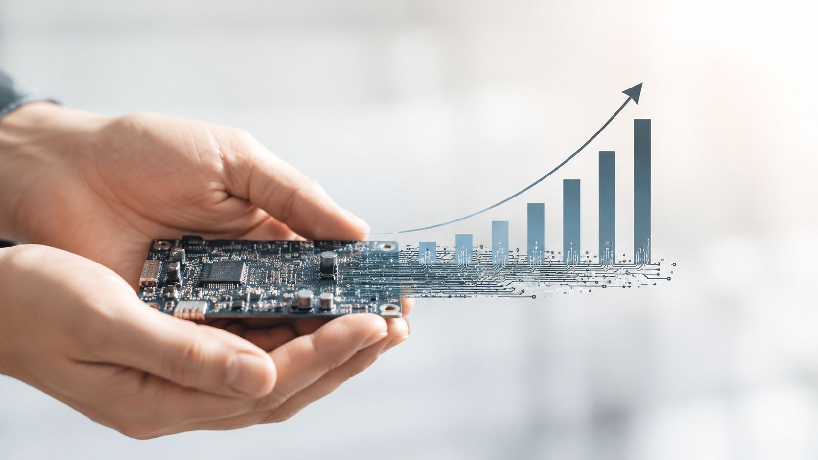 Hands holding a circuit board with a digital growth graph rising from the electronic components.